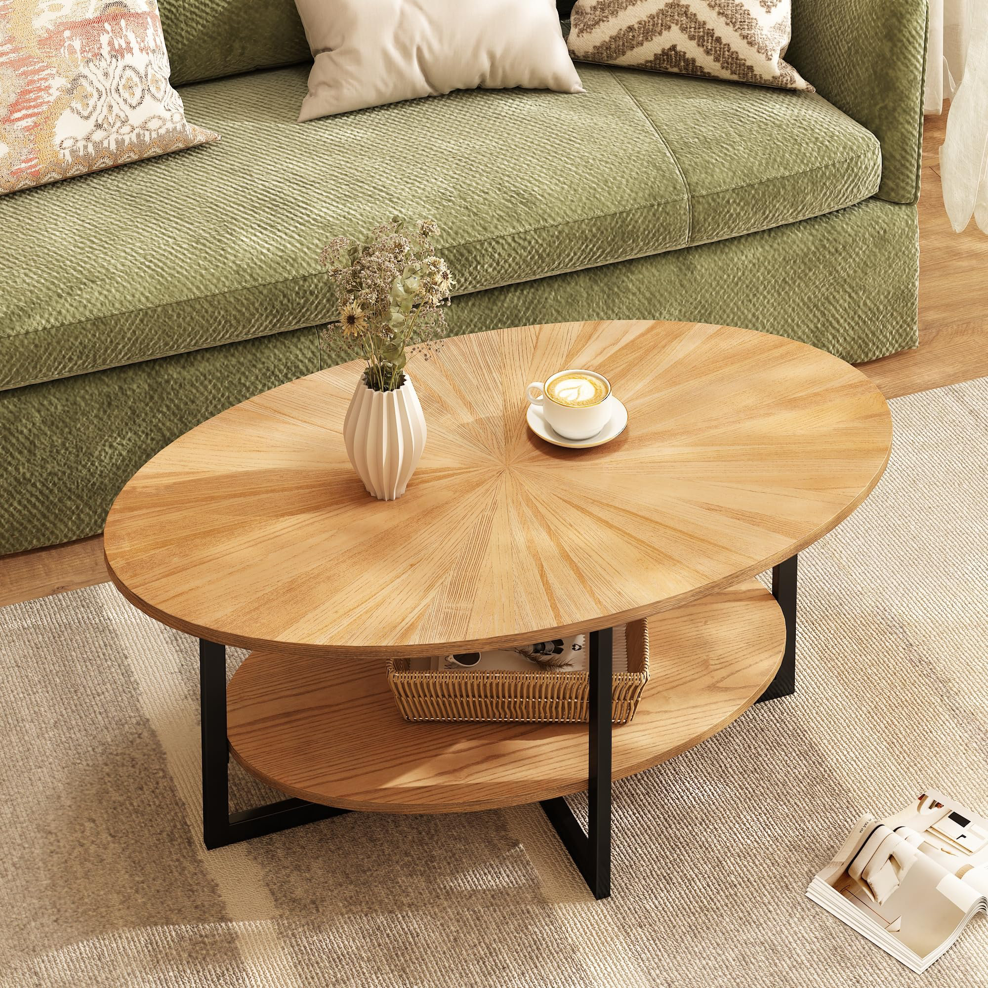 17 Stories Industrial Oval Coffee Table With Cross Metal Base & Radial ...